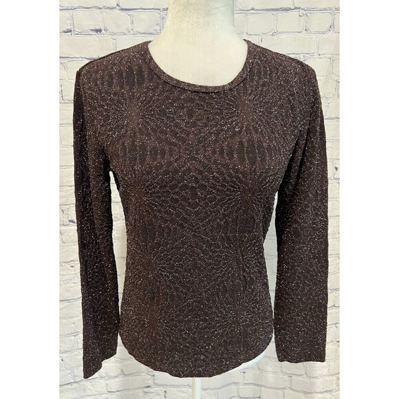 Chicos Top Womens Brown Textured Shimmer Long Sleeve Tee Casual Size 0/Small - Picture 2 of 7